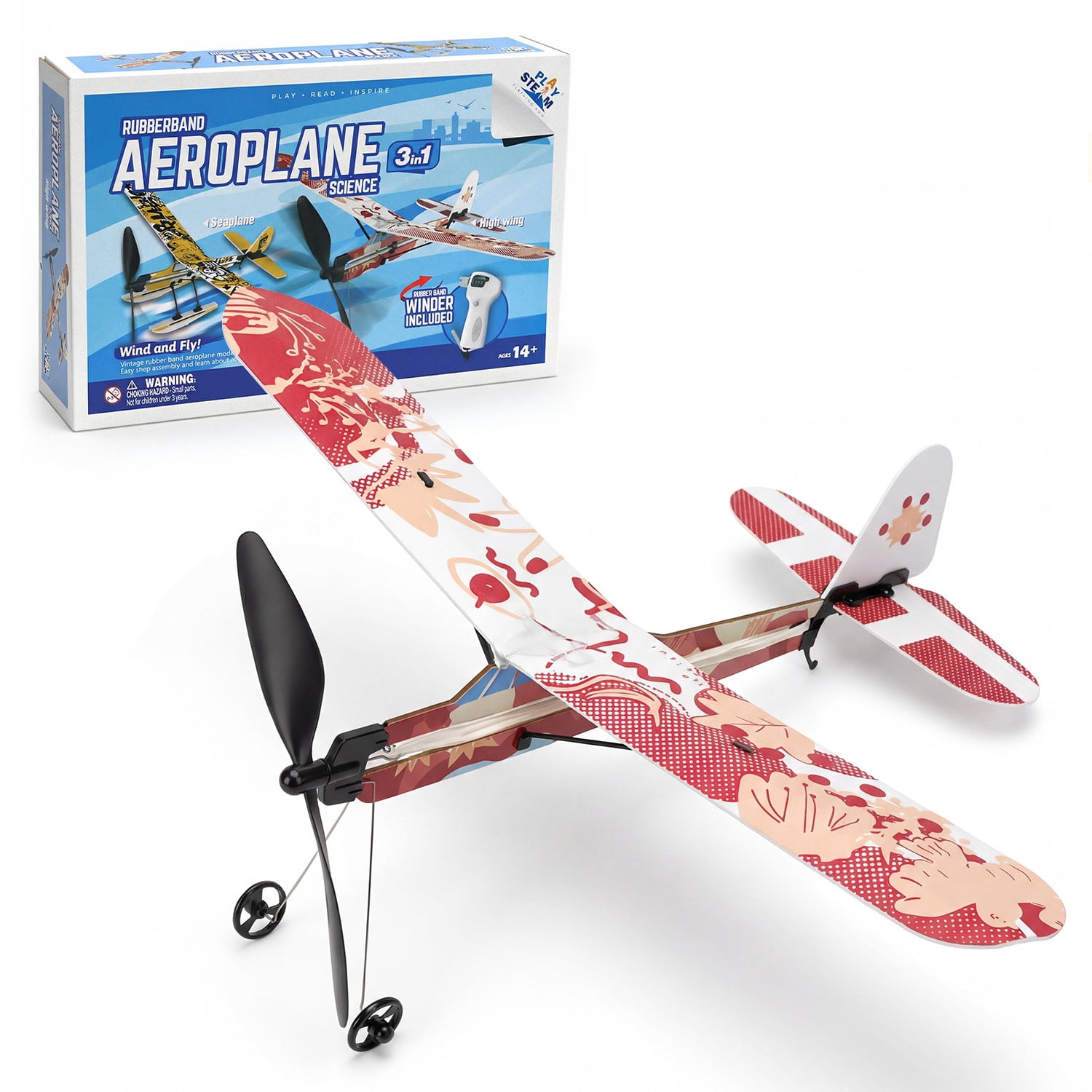 PLAYSTEAM 3-in-1 Rubber Band Airplane Building Kit with Motorized Launcher, Educational Flying STEM Toy for Kids and Teens Ages 14+
