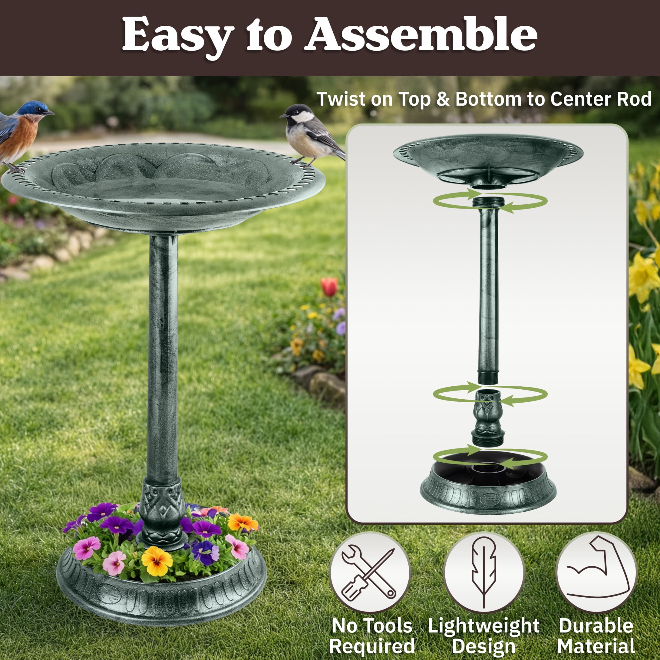 Pure Garden 28” Tall Pedestal Bird Bath for Outside with Flower Planter Base, Green Patina