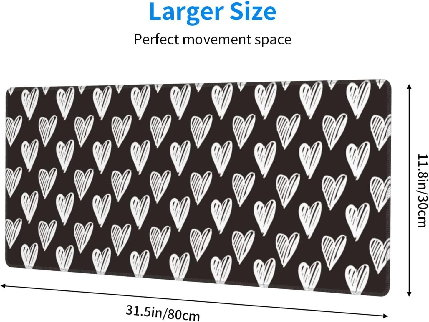 Black and White Heart-Large Mouse Pad Gaming Mousepad XL 31.5x11.8 in Desk Pad Large Non-Slip Rubber Base Desk Mats on Top of Desks Mouse Pads for Wireless Mouse Computer Desks Accessories
