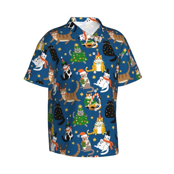 Goofa Different Cats Christmas Hawaiian Shirt for Men, Unisex Summer Beach Casual Short Sleeve Button Down Shirts,Aloha Tropical Floral print shirt-