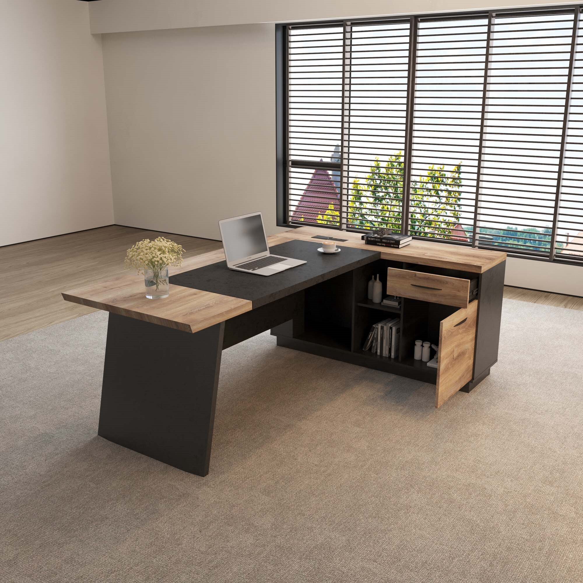 78inch L-Shaped Executive Desk with Right  Return Cabinet Built-In Outlet