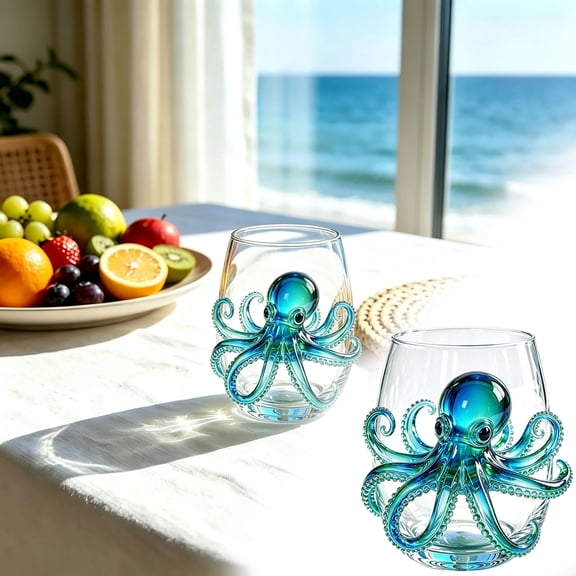Artisanal Blue Ringed Octopus Glassware, 3D Octopuses Stemless Glasses, Handcrafted Marine Animal Bar Glass, Coastal Home Decor Gift for Ocean Lovers
