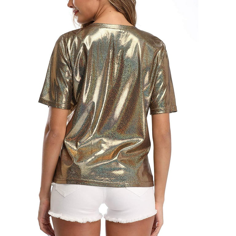 Dilgul Women's Shiny Tops Holographic Metallic Shirts Sparkles Reflective  Crew Neck Ultra Soft Glitter T Shirt Rave Festival Party Blouse Gold S For  