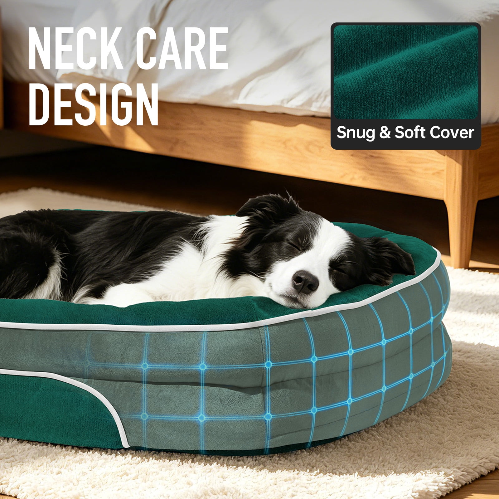 Ophanie Dark Green Luxury Sofa-Style Pet Orthopedic Bed for Medium Dogs – Removable Machine-Washable Plush Cover, 4-Sided Bolster, Non-Slip Bottom, Size 35"x28"x6"