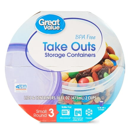 Great Value BPA Free Take Outs Storage Containers, Small Round, 16 fl oz, 3 Count