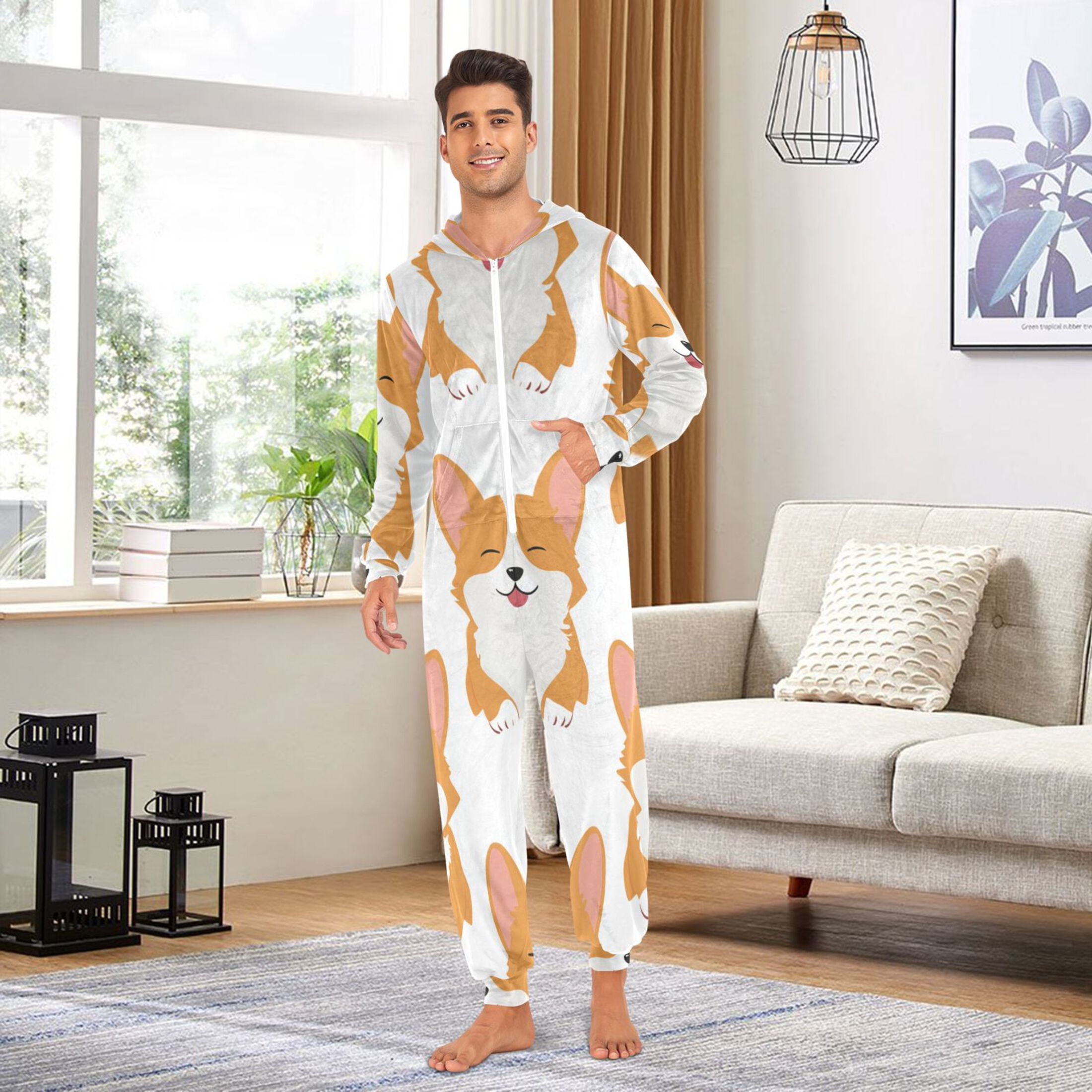 Seamless Happy Dogs Cartoon Adult's Hoodie Onesie Jumpsuit One-Piece Pajamas with Zipper Unisex for Holiday M