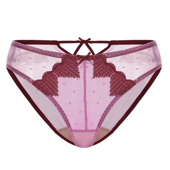 VONCOS Sheer & Breathable Low Rise Bikini Panties for Women, Mesh Underwear with Lace Scalloped Trim & Bow Detail, 1-Pack, Wine,Size XL
