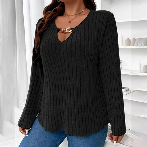 HAOTAGS Womens Plus Size Sweaters, Casual Fall Winter V-neck Long Sleeve Pullover Top Black 5XL