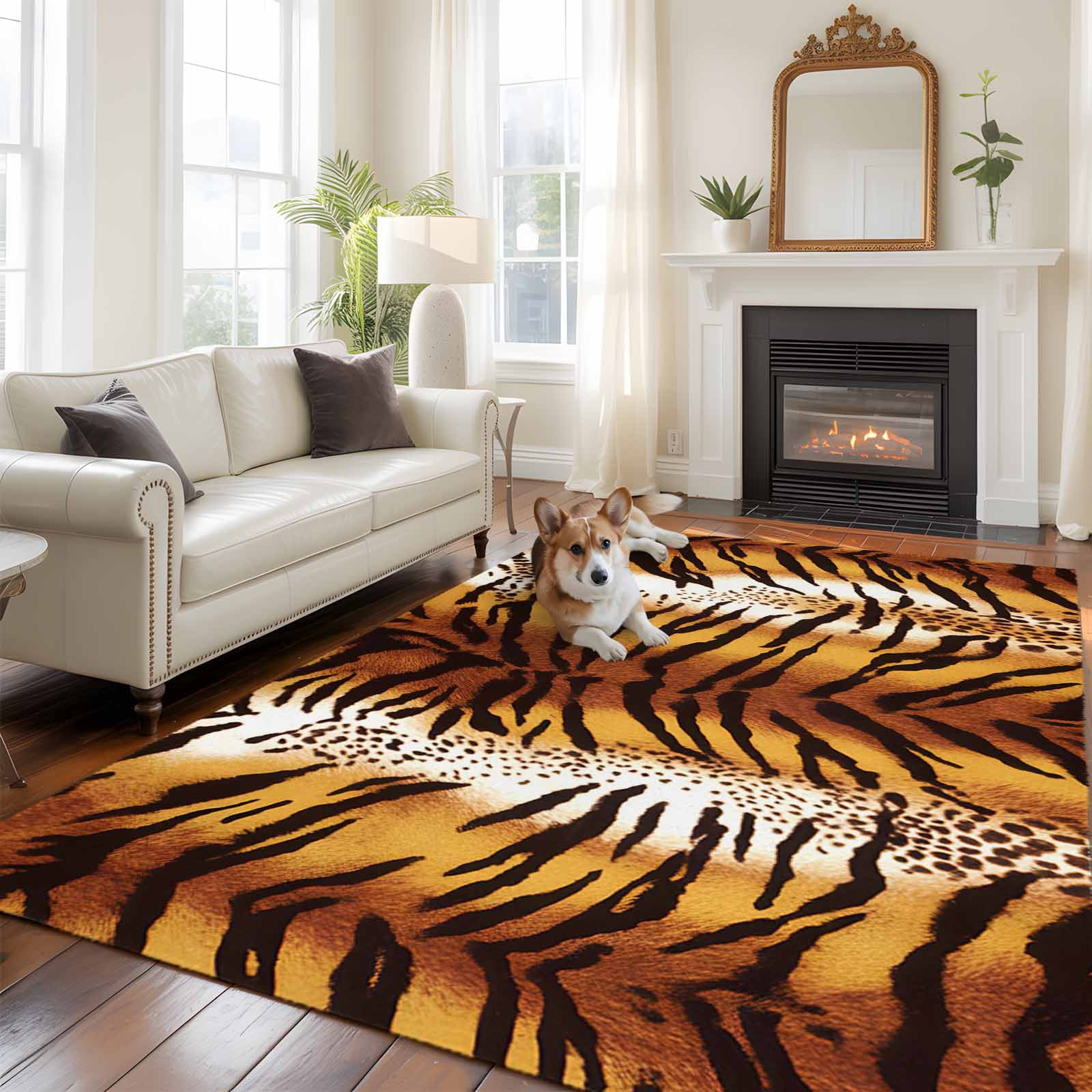 Leopard Stripes Area Rugs 5'x7', Washable Small Throw Rugs for Laundry Room Playroom, Farmhouse Brown Black Animals Texture Indoor Outdoor Rug Non-Slip Low Pile Carpet Runner Reversible Floor Mats