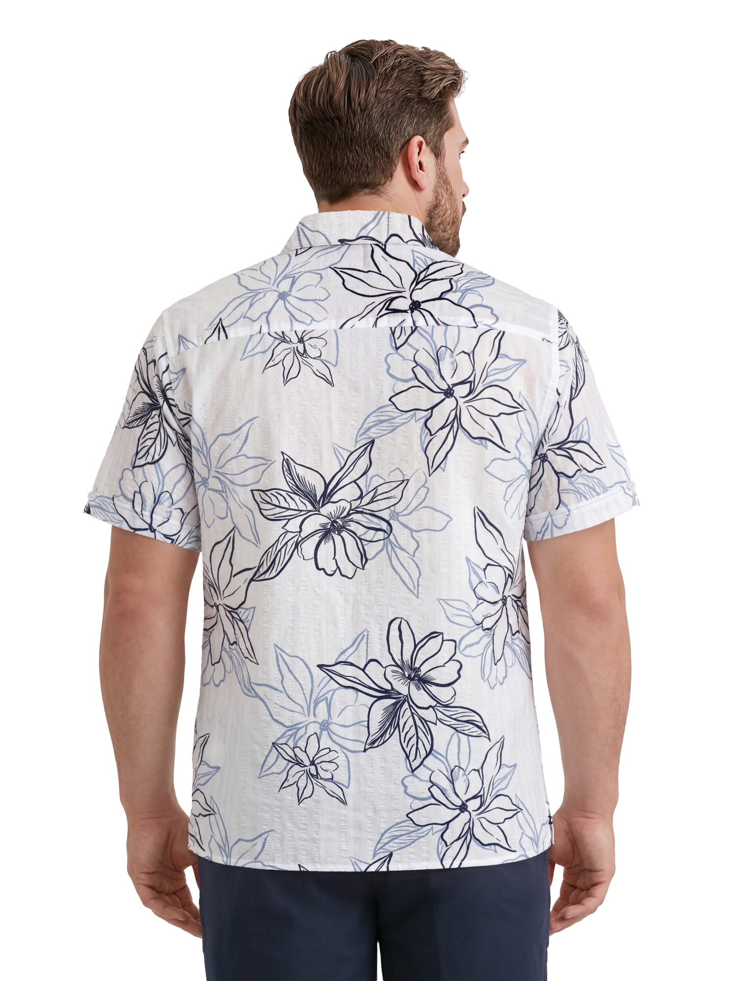 Cafe Luna Men’s and Big Men’s Seersucker Tropical Floral Print Short Sleeve Button-Down Shirt, S-5XL