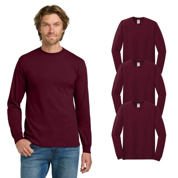 Gildan Heavy Cotton Men’s Long Sleeve T-Shirt, Comfortable Casual Tee, Classic, Maroon, 3-Pack, S