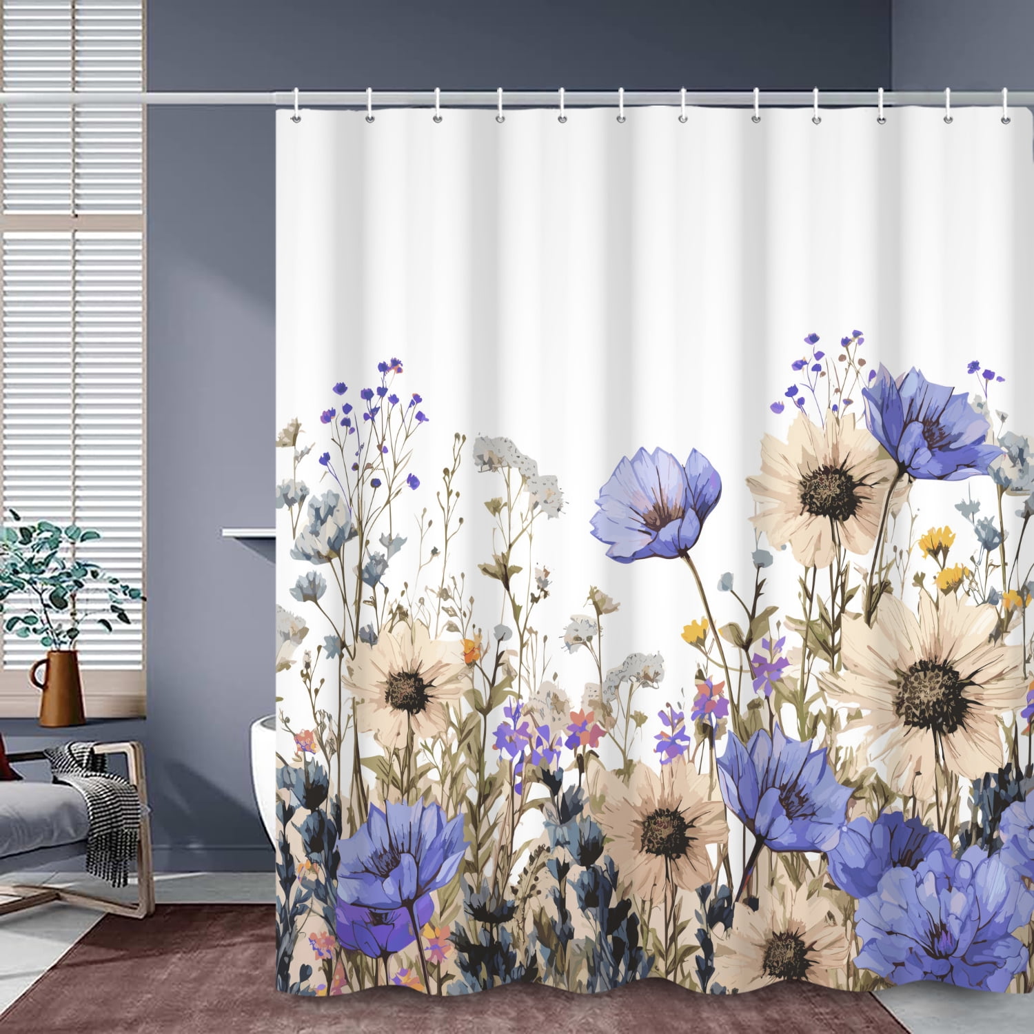 SUNOLIFE Spring Floral Shower Curtain,Purple Flowers Waterproof Polyster Bathroom Curtain,72x72 in