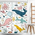 thumbnail image 2 of Kids Shower Curtain 60Wx72H Ocean Whale Funny Cartoon Fish Cute Animal Sealife for Nursery Baby Boys Girls Bathroom Decor Underwater Coastal Colorful Bath Curtain Fabric Polyester 12 Pack Hooks, 2 of 16