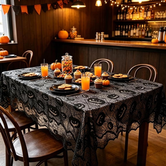 ShaoXinWan Halloween Lace Tablecloth With Pumpkin Skull Print, Breathable Polyester Seasonal Table Cover, Gothic Thick Fabric for Household Dining Coffee Table and Holiday Banquet Layout