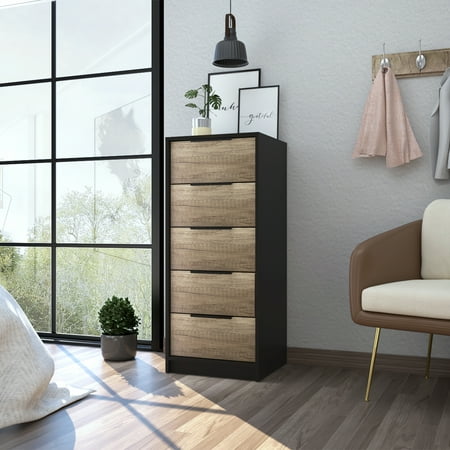 Kaia 5 Drawer Dresser, Vertical Dresser -Black / Pine