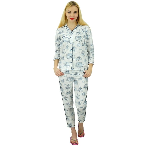 Bimba White Cotton Night Wear Printed Pajama Set Full Sleeve Shirt with Pyjama