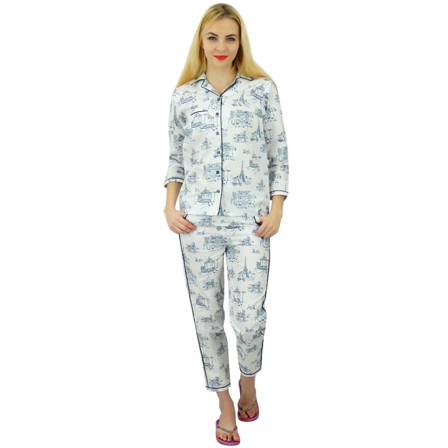 Bimba Womens White Cotton Night Wear Printed Pajama Set Full Sleeve Shirt With Pyjama