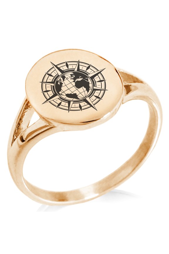 Stainless Steel Nautical Global Compass Minimalist Oval Top Polished Statement Signet Ring