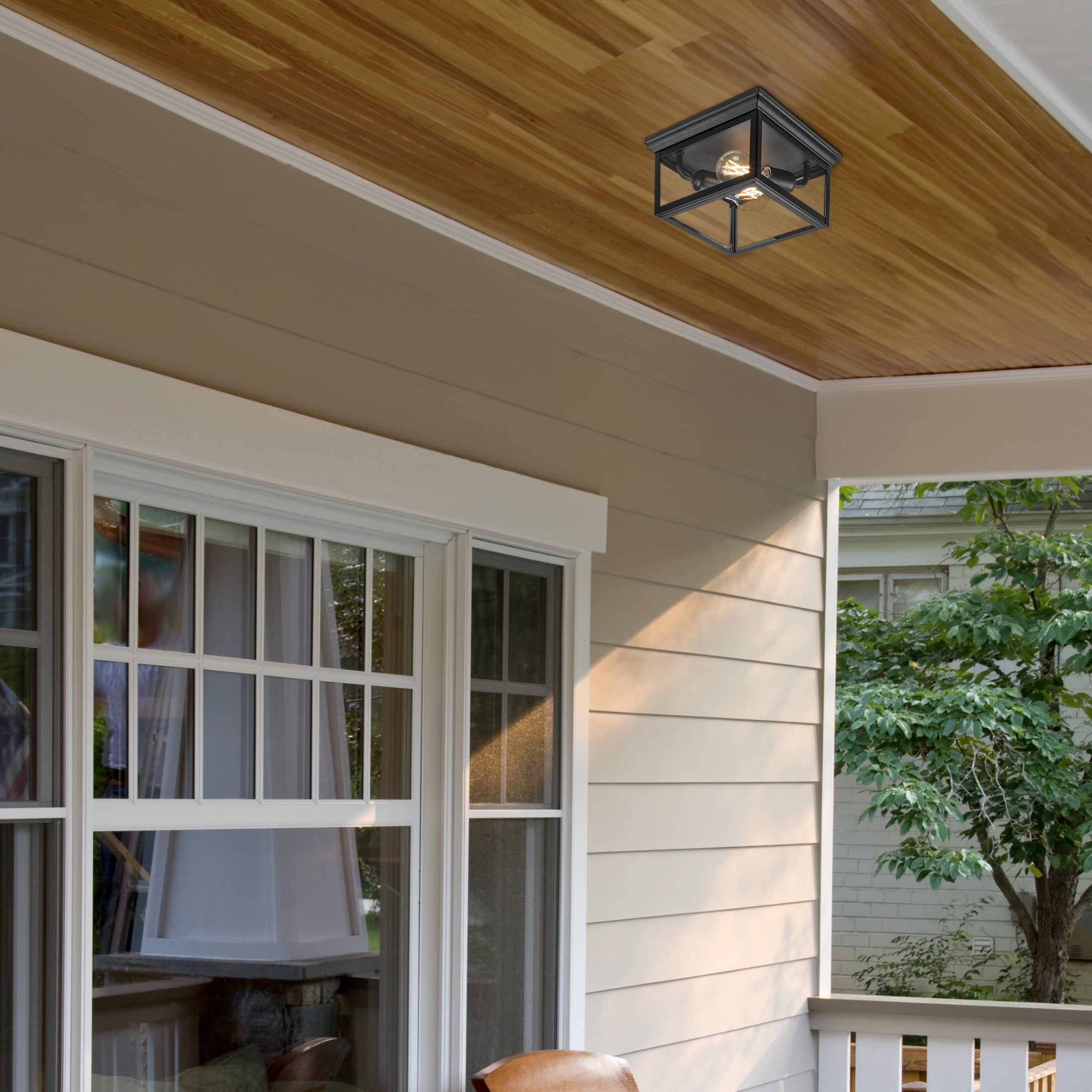 Maxxima 9 in. Outdoor / Indoor Flush Mount Ceiling Light Fixture, Black Porch Light w/ Clear Glass, Bulbs Not Included
