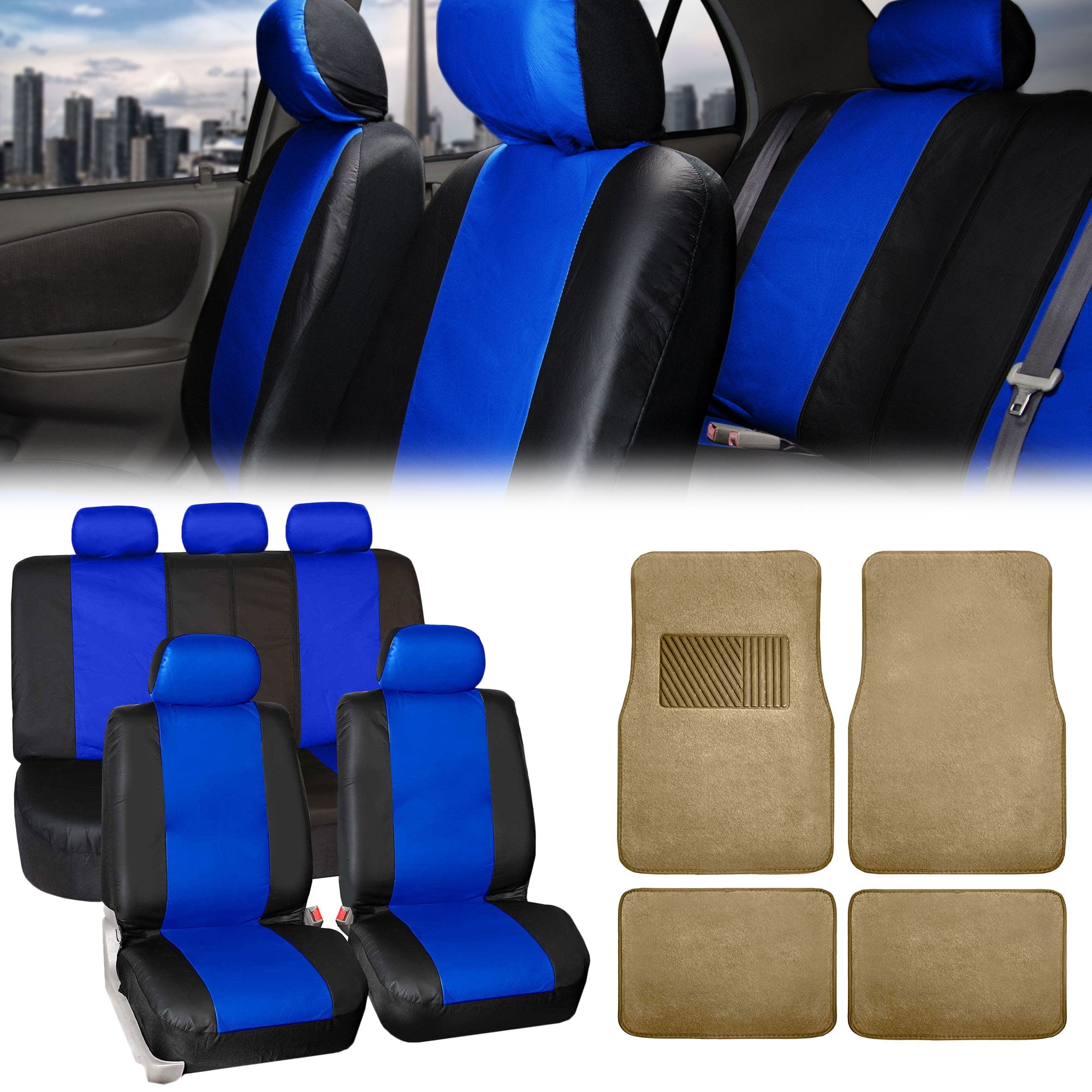 FH Group, Car SUV Seat Covers PU Leather Blue w/ Beige Carpet Floor