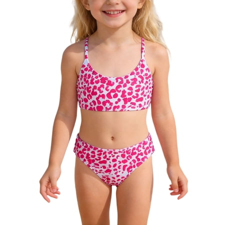 Rhuody Swimsuit For Girls 10-11 Years Summer Child Leopard Prints Sleeveless Two Piece Swimwear Bikini Trend Ruched Suit Pink