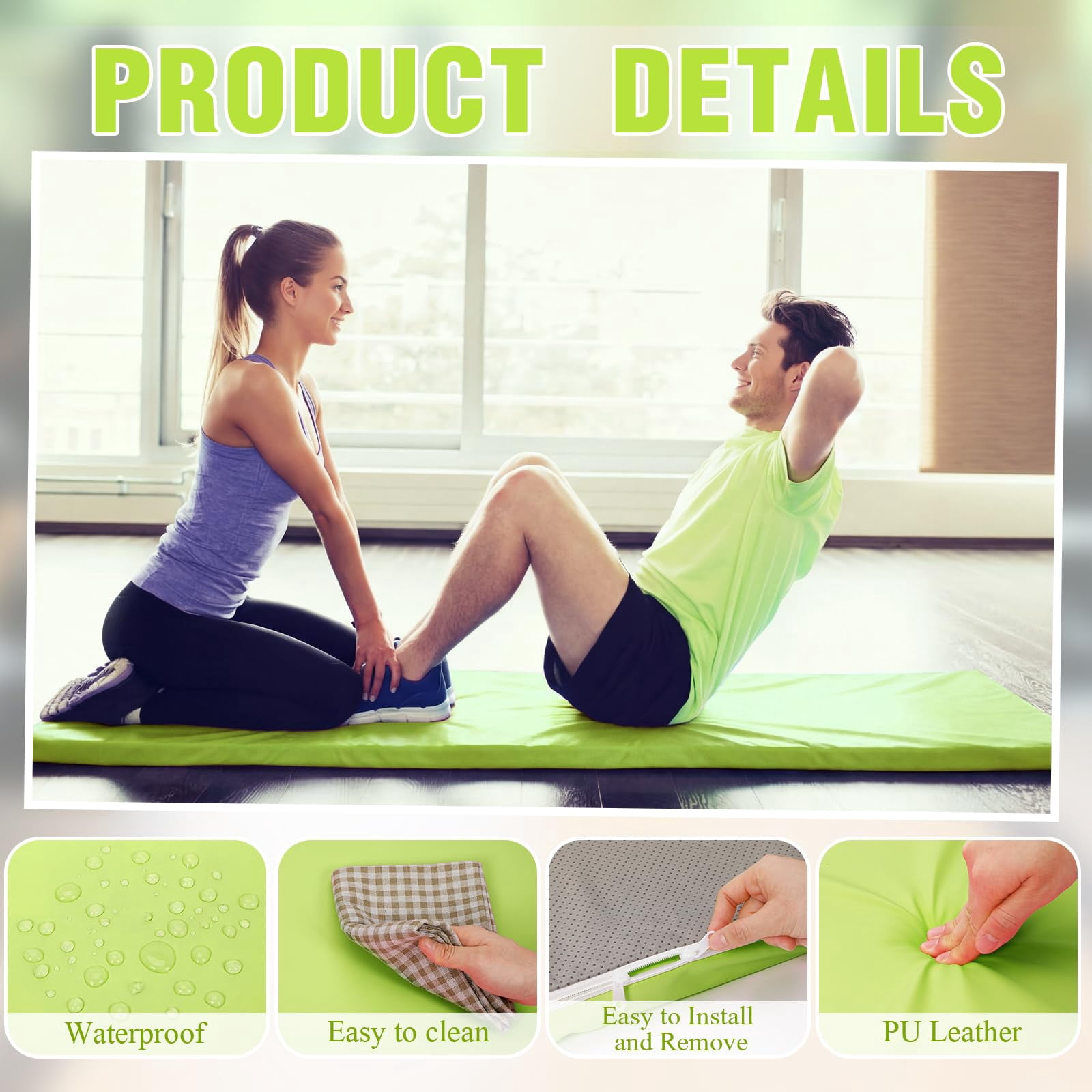 Fresh Green Foldable Yoga Mat 72"x24" 2 Inch Thick with Carry Strap for Pilates Stretching