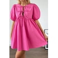 thumbnail image 3 of Bright Pink Puff Sleeve Tie Front High Waist Mini Dress for Women - [ZhiHiMeRi] | (US 12-14)L, 3 of 12