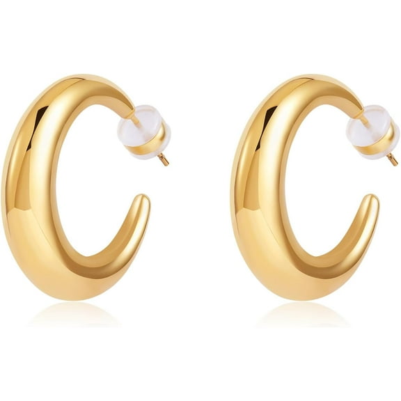 Chunky Gold Hoop Earrings for Women 14K Real Gold Plated Thick Open Huggie Hoop Earrings Jewelry Gift for Women Gold