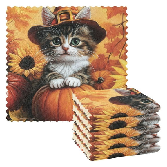 Cute Fall Cat and Pumpkin Kitchen Cloth Dish Towels for Drying Washing Absorbent Dish Rags 6 Pack