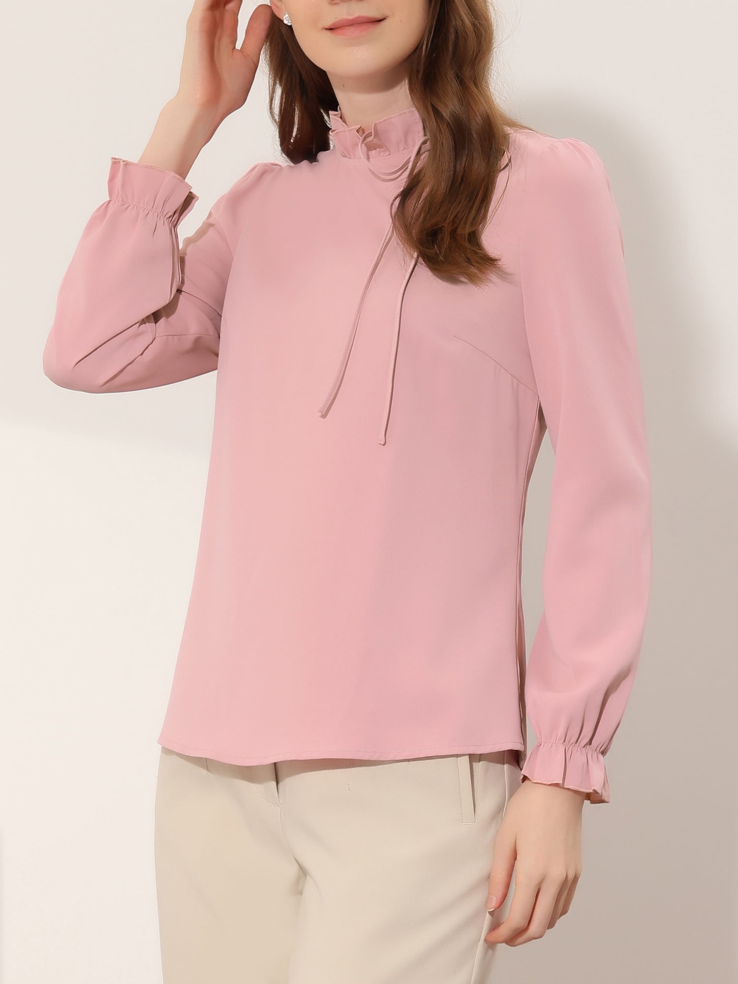 DARING DIVA Women's Spring Blouse Long Sleeve Ruffle Tie Neck Business Top S Pink