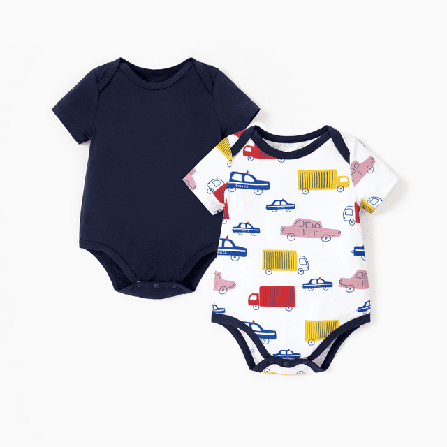 PatPat Bamboo Baby Boy/Girl 2-Pack Solid&Printed Rompers Set