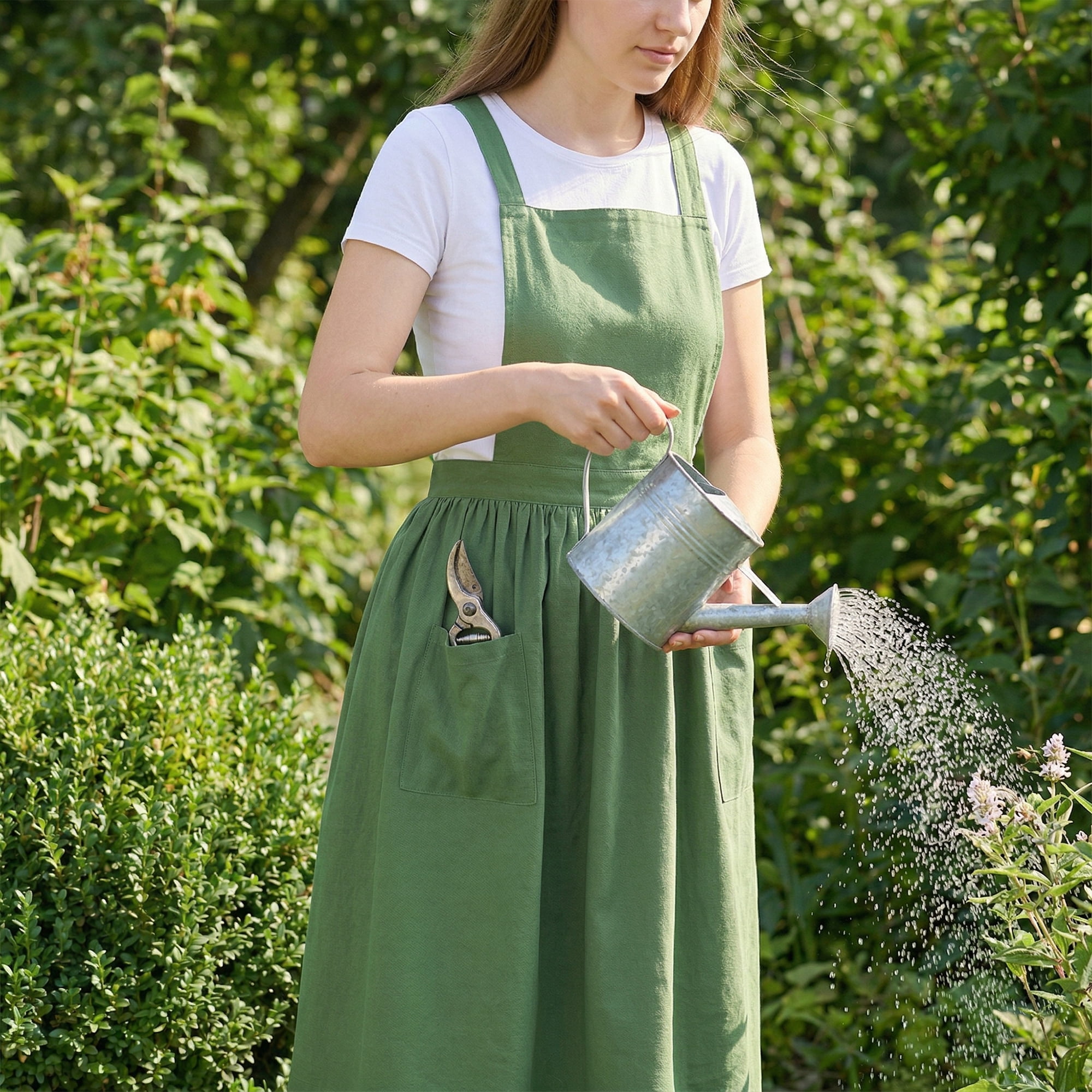 Unique Bargains Women's Kitchen Apron Long Waist Cooking Apron 37.4x50.4in Dark Green