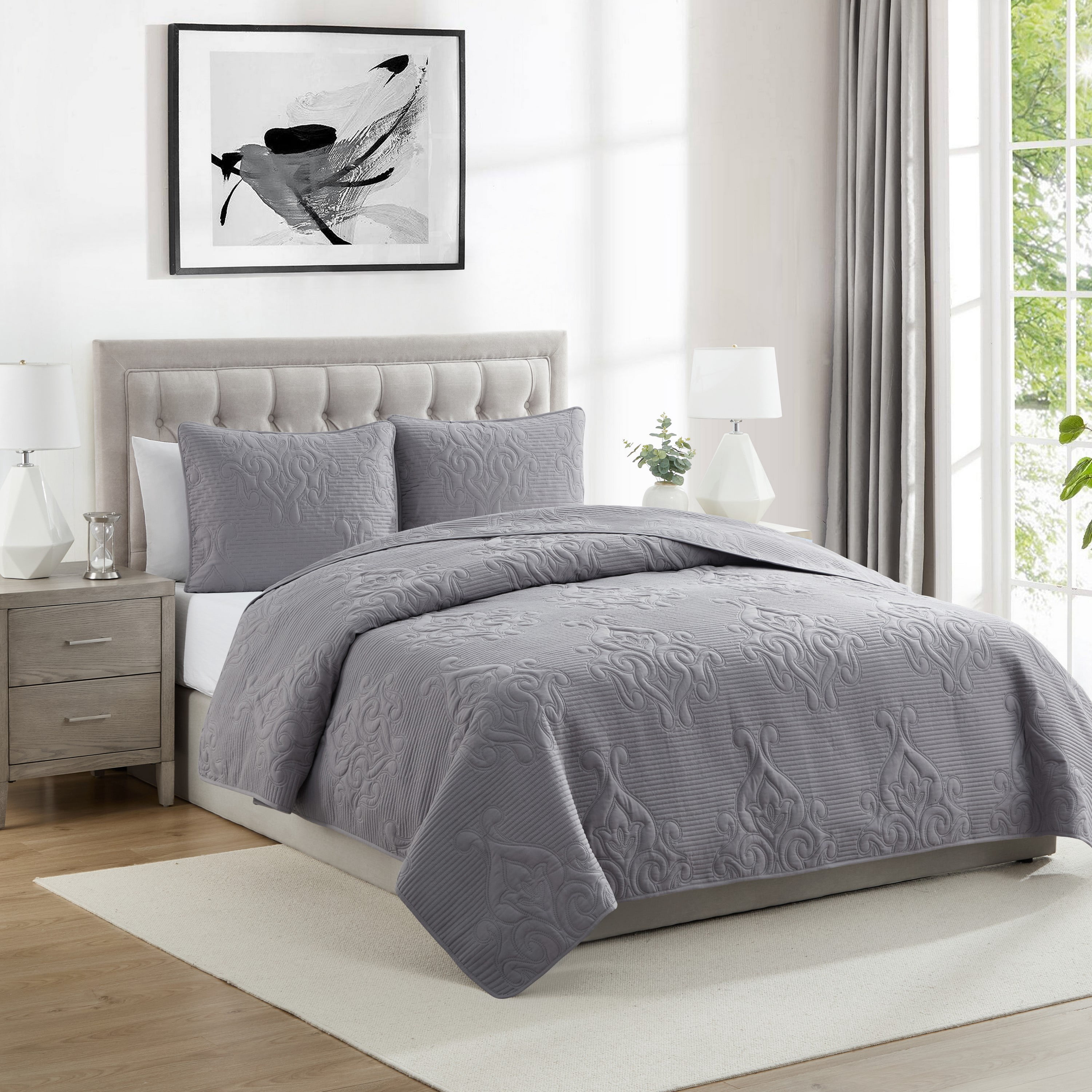 VCNY Home Solomun 3-Piece Grey Pinsonic Damask Quilt Set, King, Adult, Unisex