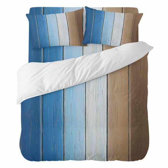 Duvet Cover Set California king Size 4 Pieces, Farm Blue Brown Gradient Wood Grain Comforter Cover Soft Bedding Sets, Geometric Stripe Bed Set Include 1 Duvet Cover, 2 Pillow Shams, 1 Bed Sheet
