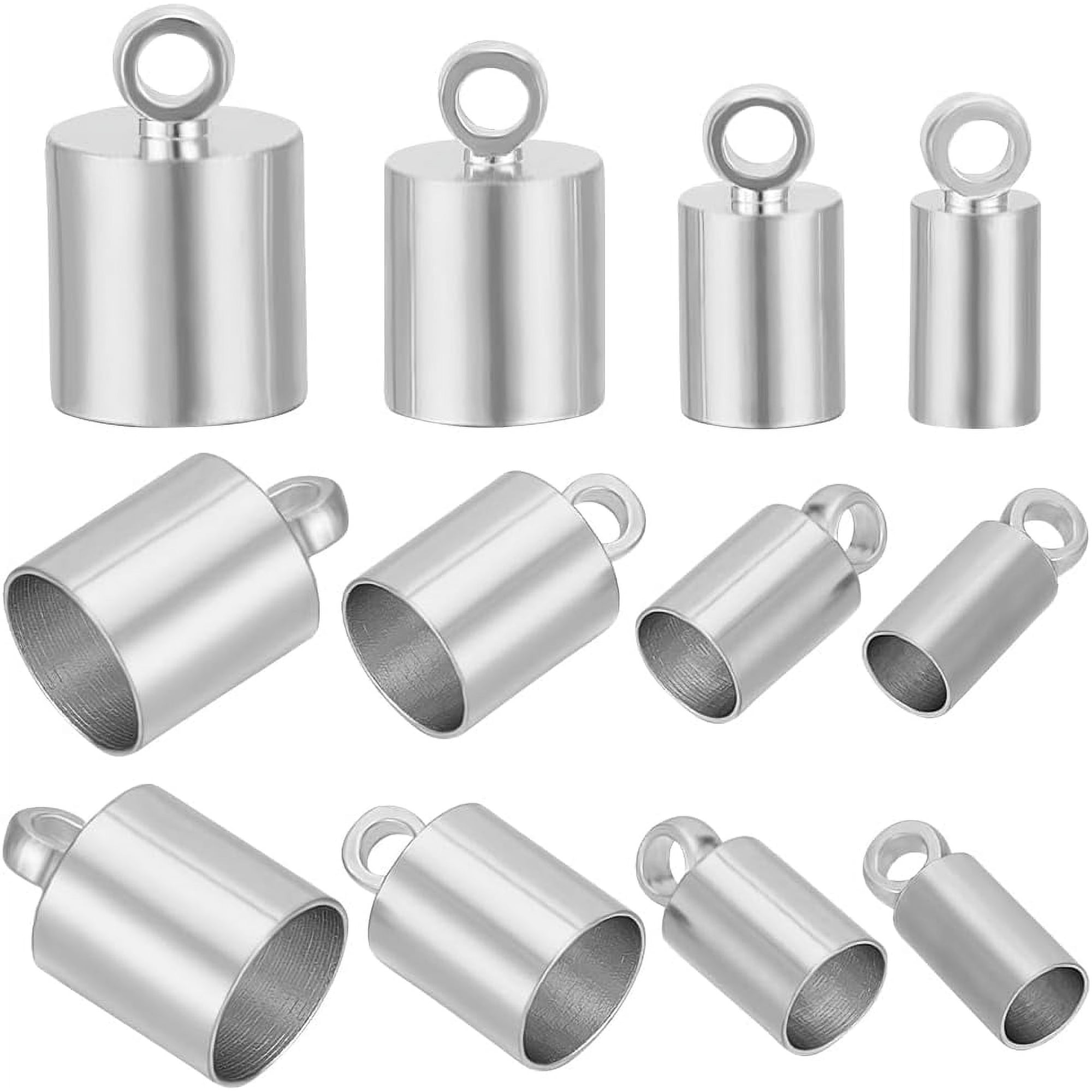 32Pcs Cord End Caps 3/4/5/6mm Sterling Silver Plated Column Cord Glue in Barrel End Caps Leather Cord Findings for Bracelets Jewellery Making Silver DIY