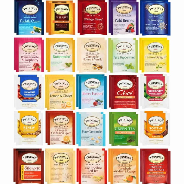Twinings Herbal and Decaf Tea Bag Pouch Sampler 50 Count, 25 Flavors