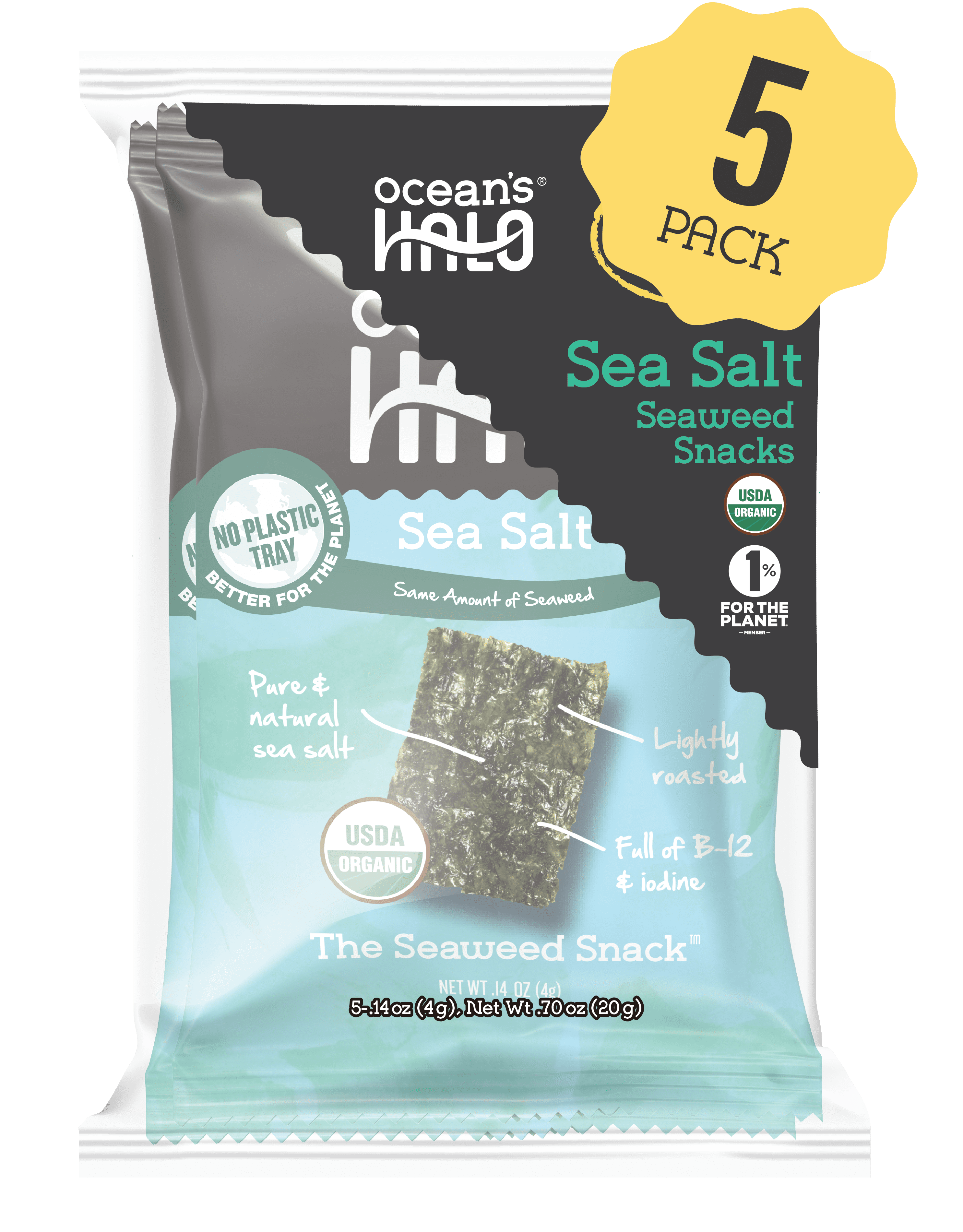 Ocean's Halo Seaweed Snack, Sea Salt, Multipack, 5pk Trayless Nori