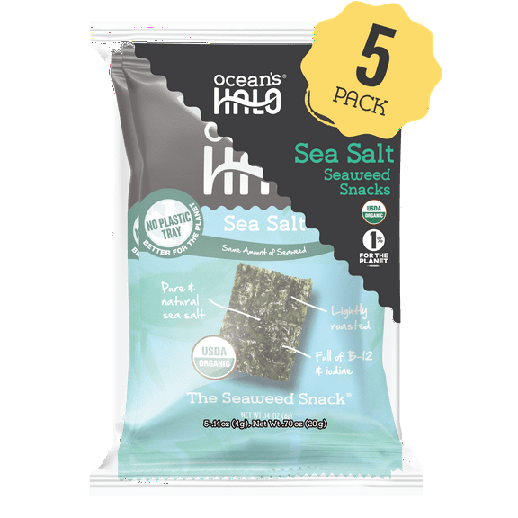 Ocean's Halo, 5pk Seaweed Snack, Healthy, Sea Salt, Vegan Keto Nori Crispy Chips