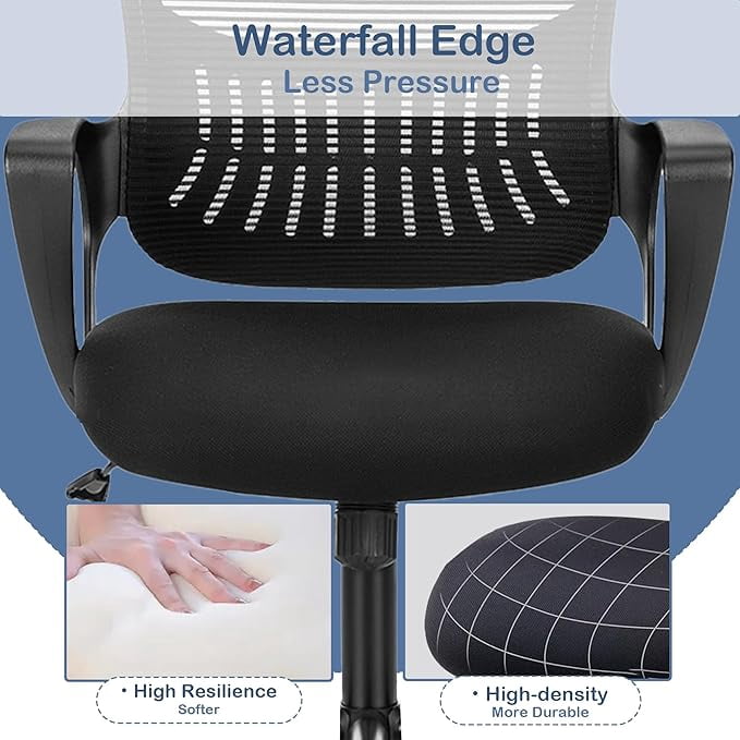 Ergonomic High-Back Mesh Office Chair - Breathable Waist and Back Support Computer Chair with Fixed Armrests, Height Adjustment, and 360° Swivel Base(Black)