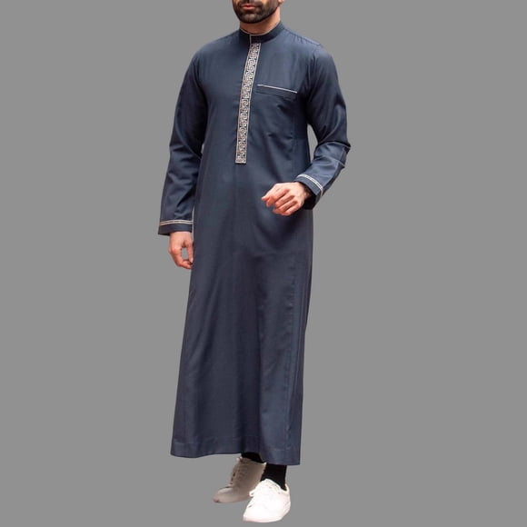 Ceisia Men's Embroidered Stand Collar Robe Relaxed Fit Long Sleeve Muslim Thobe Blue XL Gifts