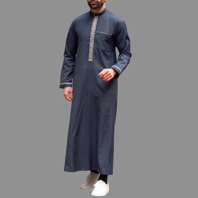 Ceisia Robe à Col Montant Brodée pour Homme Coupe Décontractée à Manches Longues Thobe Musulman Bleu m Cadeaux