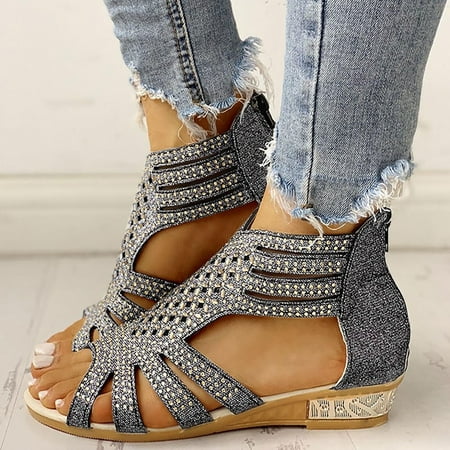 

Wirdiell Rhinestone Hollow Back Zipper Round Toe Hollow Sandals Roman Shoes Women