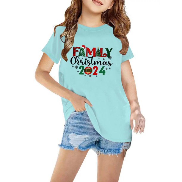 Xihbxyly Camisa Navideña, Linda Blusa con Mangas Abullonadas, Camiseta de Tela Suave y Transpirable, Ropa de Verano Moderna, Ropa Informal para Fiestas Escolares, Atuendo Cómodo para Niñas y Niños.