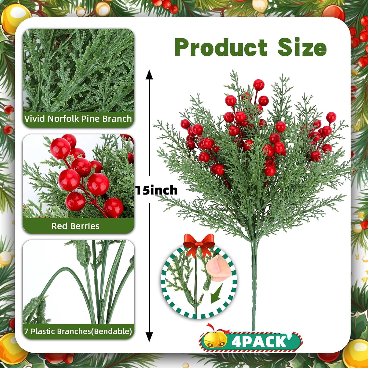 Minibee 8 Bundles Fake Pine Branch Christmas Flowers with Berries, Realistic Christmas Flowers Artificial for Holiday Home Styling