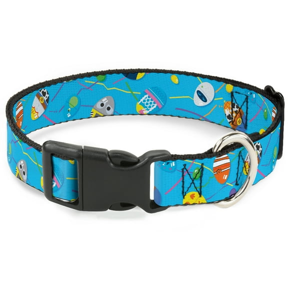 Disney Pet Collar, Dog Collar Plastic Buckle, Pixar Holiday Collection Easter Egg Characters Scattered Blue, 7 to 8.5 Inches 0.5 Inch Wide
