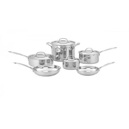 Cuisinart Stainless Steel 10-Piece Cookware Set, Mirror Finish with Aluminum Base for Even Heating, Features Cool Grip Riveted Handles, with Drip-Free Pouring and Flavor Lock Lids, Dishwasher