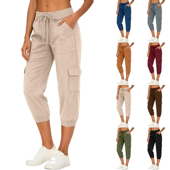 Womens Linen Cropped Jogger Pants Elastic Drawstring Waist Casual Summer Trousers with Pockets Lightweight Lounge Pants, M
