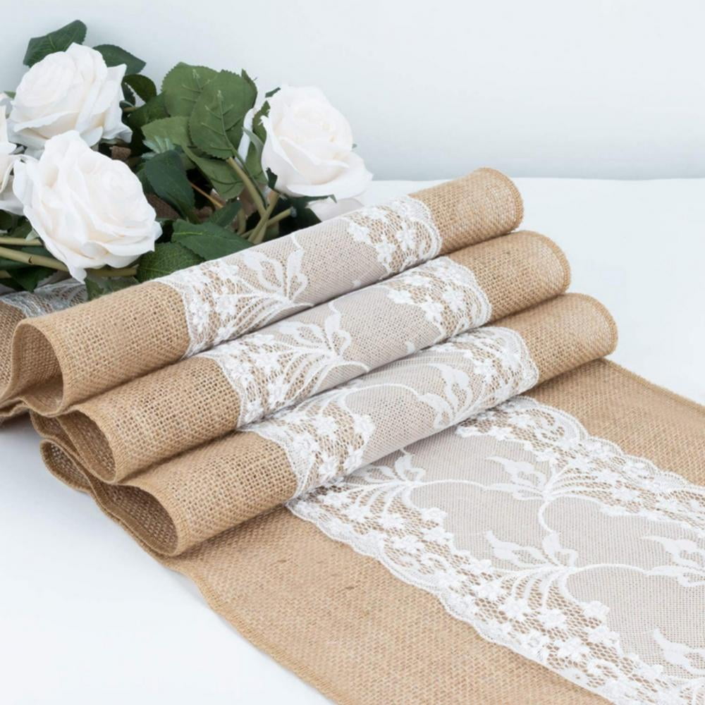 Decor Banquet Hessian Burlap Lace Cover Cloth Table Runner Jute Tablecloth 