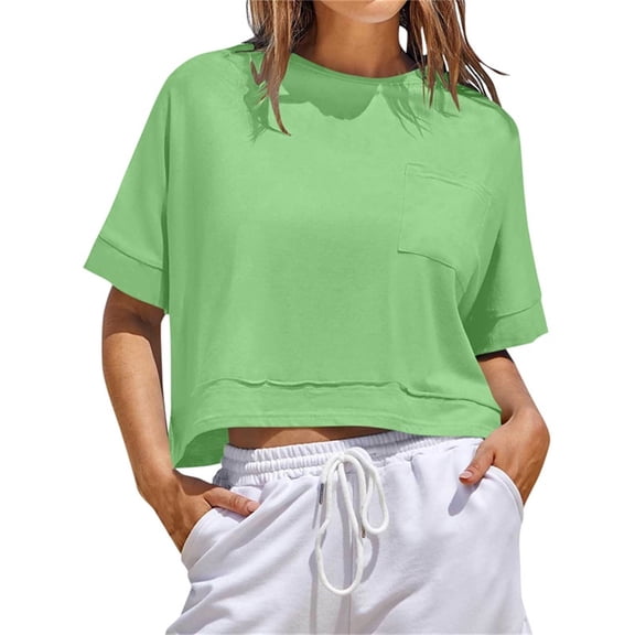 YHAJDS Blouses for Women Sporty Cropped Casual Solid Color Short Sleeve Round Neck Pocket Cropped Top