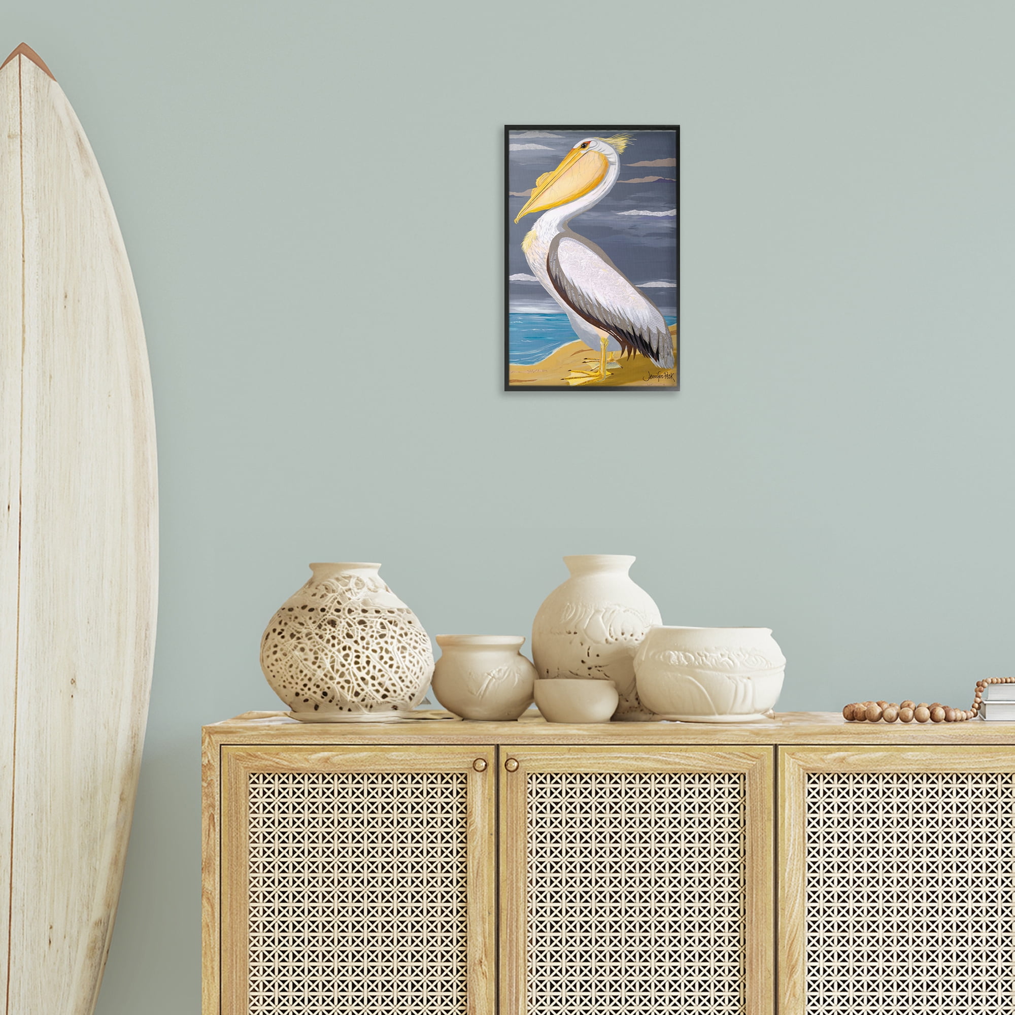 Stupell Industries White Pelican on Shore Animals & Insects Painting Black Framed Art Print Wall Art, 12 x 18